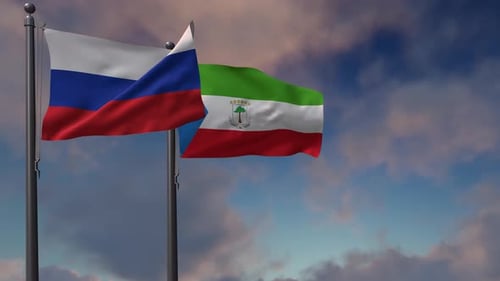 Russian and Equatorial Guinean National Flags Waving in The Wind