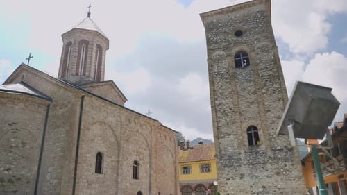 A beautiful low angle panning view of a Serbian Orthodox Church, The pilgrim of first Christianity.