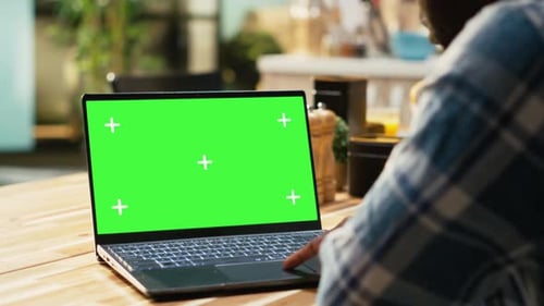 Isolated Mockup Laptop Next to Boyfriend Drinking Coffee Over Breakfast