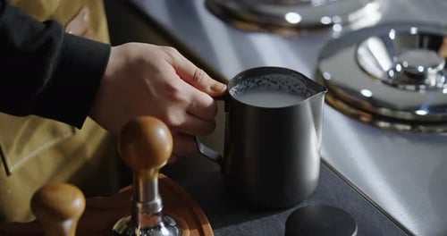Cooking Cappuccino In Cafeteria To Take Away Closeup View Of Male Barista Hands In Coffeehouse