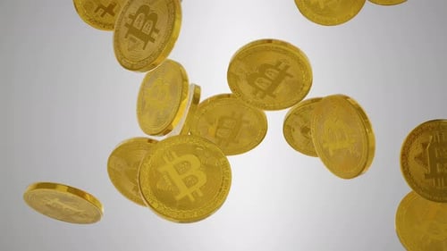 Bitcoin, Rotating Golden Btc Coins Falling. Bitcoin Blockchain Cryptocurrency