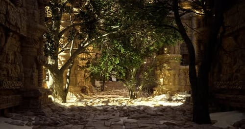 Ruines anciennes illuminées par les rayons du soleil mettant en valeur les arbres envahis par la végétation