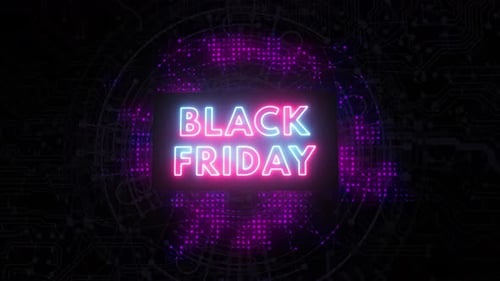 Black Friday Neon Sign Text on Futuristic Digital Circuit Board