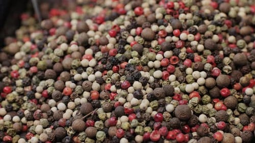 Mix Spices Dried Pink Black Pepper Green Dill Red Paprika Yellow Turmeric Garlic Salt Closeup Macro