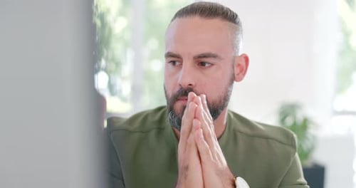 Computer, thinking or business man hope for finance profit, stock market growth