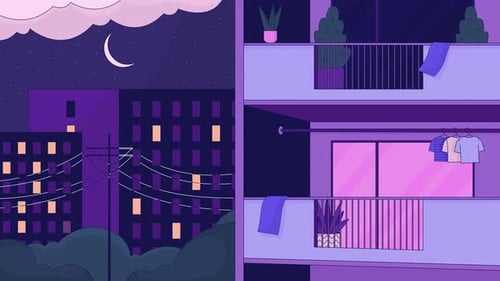 Acogedora noche de dibujos animados del exterior del edificio de apartamentos