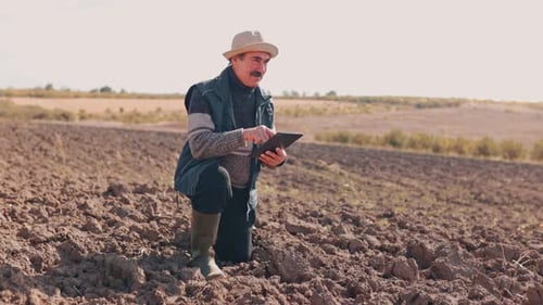 Aged Wisdom in Agriculture Farmer Senior with Digital Tablet in the Field