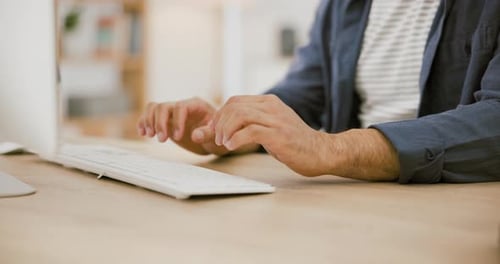 Hands, businessman at desk with computer and typing for market research for online article