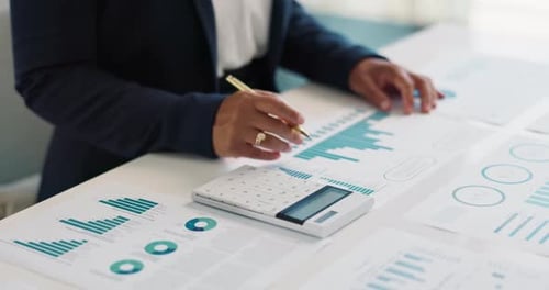 Business hands, calculator and financial data analytics, graphs or charts for revenue