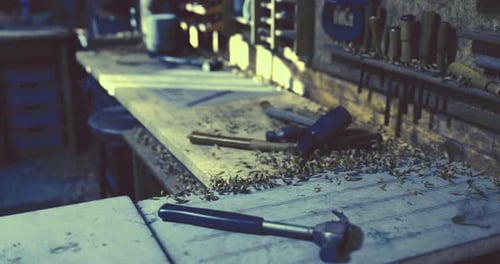 A Busy Workshop Brimming with Tools and Wood Shavings Fosters Craftsmanship