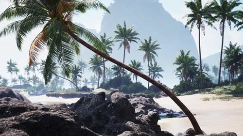 Explore the Serene Beaches of Tahiti with Palm Trees and Rocky Landscapes