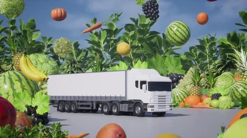 Truck Transporting Fresh Fruits and Vegetables in a Lush Farm Setting