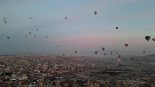 Hot air balloon flight in Goreme in Turkey during sunrise