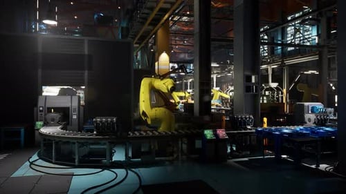 Bande transporteuse d'usine moderne avec bras robotiques traitant les produits la nuit