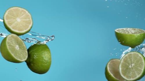 Limes Falling Through Splashing Water on Blue Background