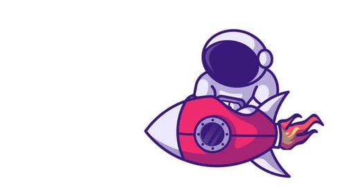 Astronaut flies in space standing on a rocket like a surfer. Looping cartoon animation.