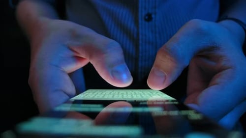 Adult Person Use Smart Phone for Write Message Close-Up. Successful Share And