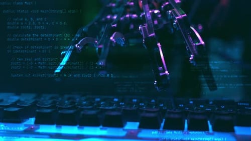 Robô trabalhando manualmente e digitando no teclado do PC com tecnologia de IA Inteligência Artificial Mecânica
