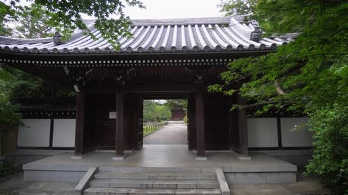 Traditional Building Entrance with Lush Greenery