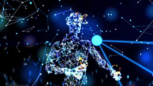 Animated Glowing Wireframe Person Exploring Virtual Reality