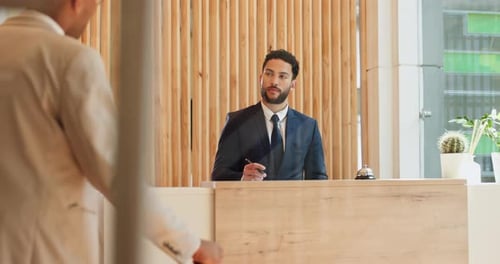 Man, concierge and welcome with documents at hotel, discussion and business trip for registration
