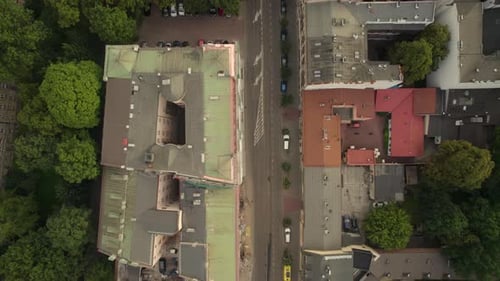 Bird's Eye View Over Streets And Buildings In The Old Town Of Krakow In Poland - drone shot
