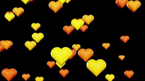 Yellow and orange valentines day hearts fall down on black background 3d render loop. Love concept