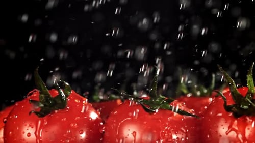 Fresh Red Tomatoes Getting Splashed with Water