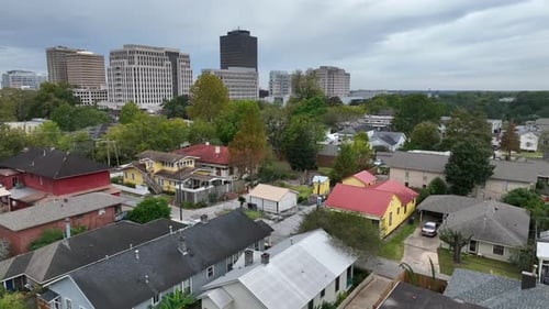 Homes in inner city USA. Southern state, Deep South community on outskirts of downtown urban center.