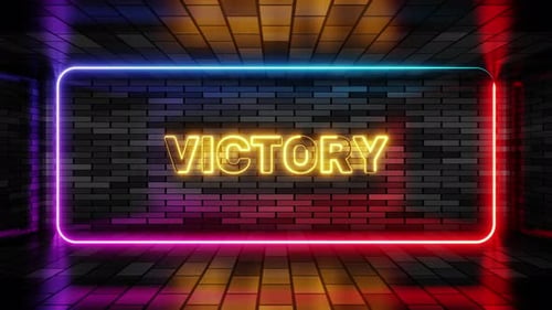 Neonschild Victory im Sprechblasenrahmen auf Backsteinmauerhintergrund, 3D-Rendering. Lichtbanner