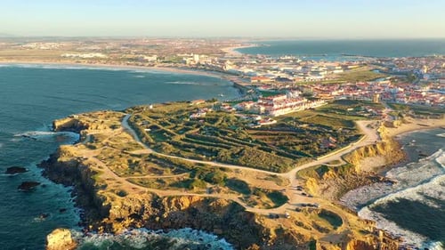 Establishing and Descending Drone Shot Peniche Island and Town Portugal