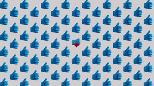 Blue hands that shows a like or thumb up change to red, dislike and thumb down like a chain reaction