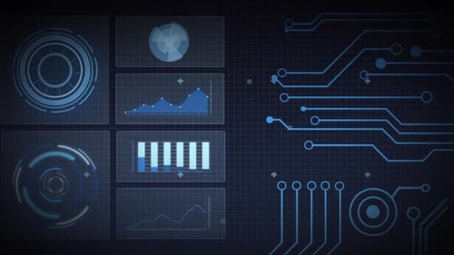 Animation of scope scanning, processor elements and data processing on screens over grid