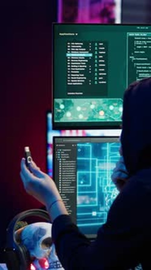 Vidéo Hacker verticale insérant une clé USB dans un ordinateur après avoir réussi à voler des données sensibles