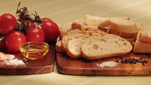 Delicious Tapas Bread with Tomatoes Pasta with Olive Oil Closeup Bruschetta with Red Sauce Ketchup