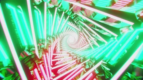 Fliege in einen futuristischen Science-Fiction-Tunnel mit leuchtenden Neondreiecken