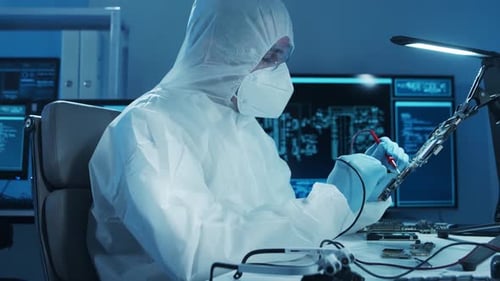 Microelectronics Engineer Works in a Modern Scientific Laboratory on Computing Systems and