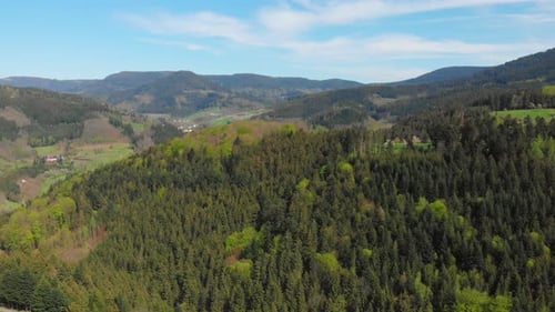 Aerial view of a forest and a valley of the blackforest, Germany. Mountains in the background on a s