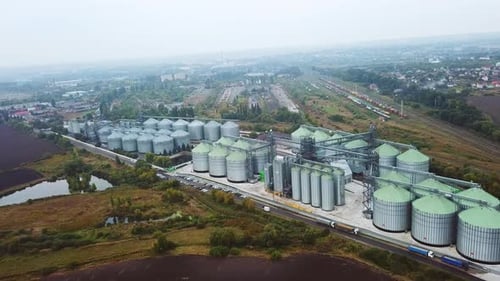 Aerial View of Grain Elevator Complex on Overcast Day