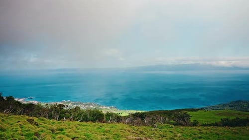 High view of picturesque coastal landscape in the Azores Islands, Portugal. Colorful seascape in the