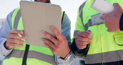 Architecture, tablet and teamwork with hands of people in city for project management