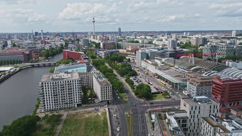 Aerial view of modern buildings on the bank of spree river Berlin, Germany .Aerial drone shot captur