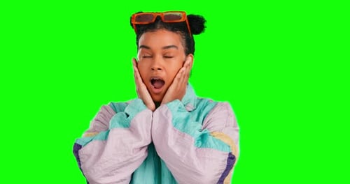 Shock, woman and surprise face with green screen and wtf from news and announcement