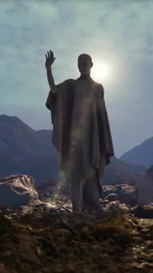 Zoom vers une ancienne statue dans un paysage vertical rocheux
