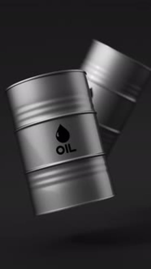Two Silver Metal Oil Barrels Floating on a Black Background for Petroleum Industry Concept Vertical