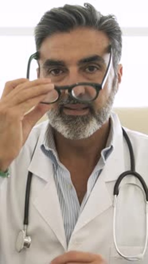 Tensed mature male doctor talking while looking at computer while analyzing reports in clinic