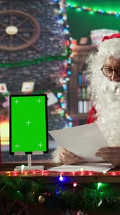 Vertical Video Father Christmas Reads Letters with Wishes Next to Green Screen on Device