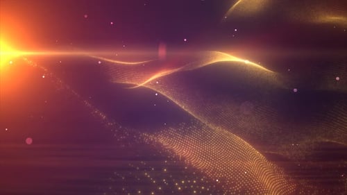 Orange yellow glowing energy bright waves from small particles and lines abstract background