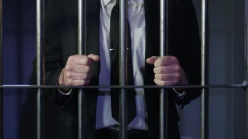 White collar crime - zoom out from hands on prison bars HD