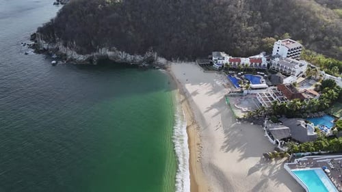 Birds eye view of Chahue Beach, Huatulco, Oaxaca, Mexico